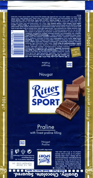 Ritter sport, Praline, milk chocolate with praline filling, 100g, 24.10.2008, Alfred Ritter GmbH & Co. Waldenbuch, Germany