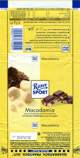 Ritter sport, Macadamia, milk chocolate with fine cocoa from Ecuador noble, 65g, 05.04.2011, Alfred Ritter Schokoladefabrik GmbH & Co. KG. Waldenbuch, Deutschland