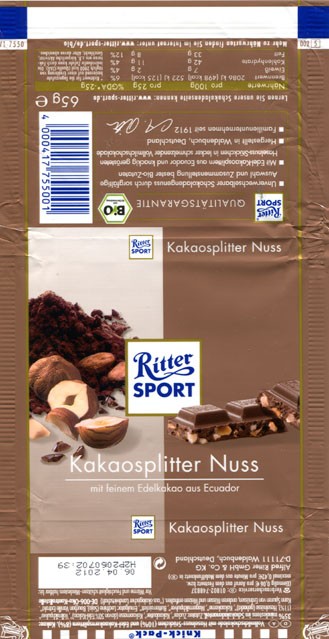 Ritter sport, milk chocolate with nuts, 65g, 06.04.2011, Alfred Ritter Schokoladefabrik GmbH & Co. KG. Waldenbuch, Deutschland