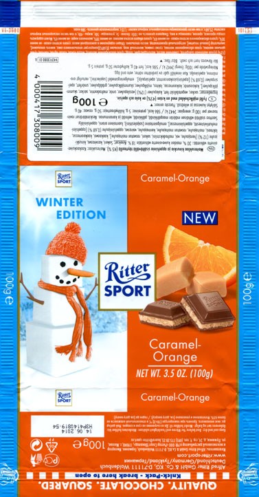 Ritter sport, winter edition, filled milk chocolate with a cream of caramel and orange, 100g, 14.06.2013, Alfred Ritter GmbH & Co. Waldenbuch, Germany