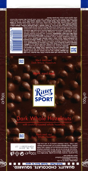 Ritter sport, plain chocolate with whole hazelnuts, 100g, 02.06.2013, Alfred Ritter GmbH & Co. Waldenbuch, Germany