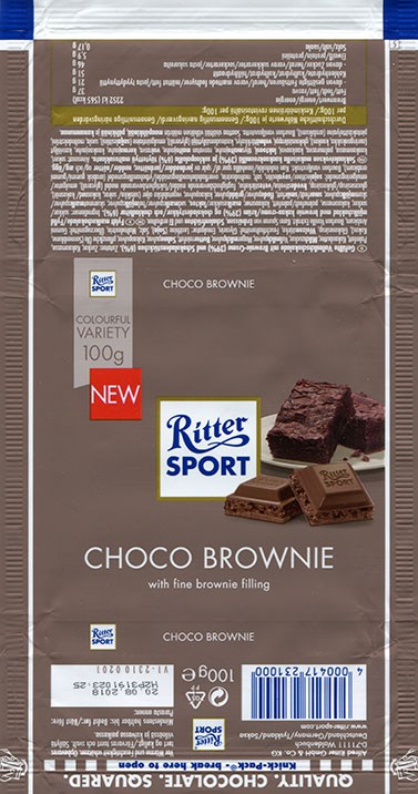 Ritter sport, choco brownie, chocolate with fine brownie filling, 100g, 20.08.2017, Alfred Ritter GmbH & Co. Waldenbuch, Germany