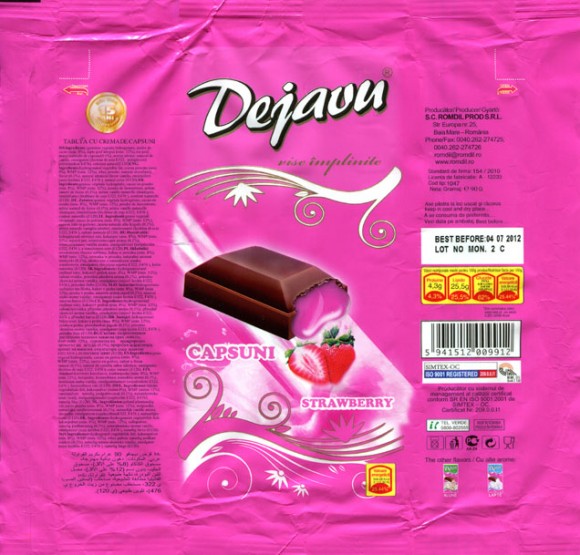 Chocolate tablet with strawberry cream filled, 90g, 04.07.2011, S.C. ROMDIL Prod S.R.L., Baia-Mare, Romania