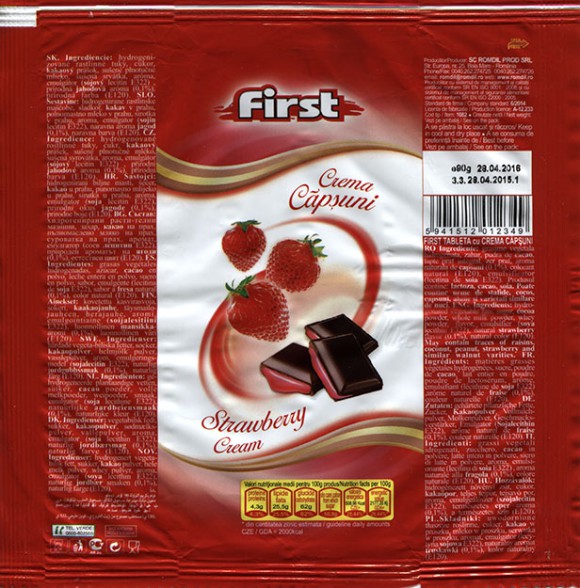 First, milk chhocolate tablet with strawberry cream filling, 90g, 28.04.2015, S.C. ROMDIL Prod S.R.L., Baia-Mare, Romania