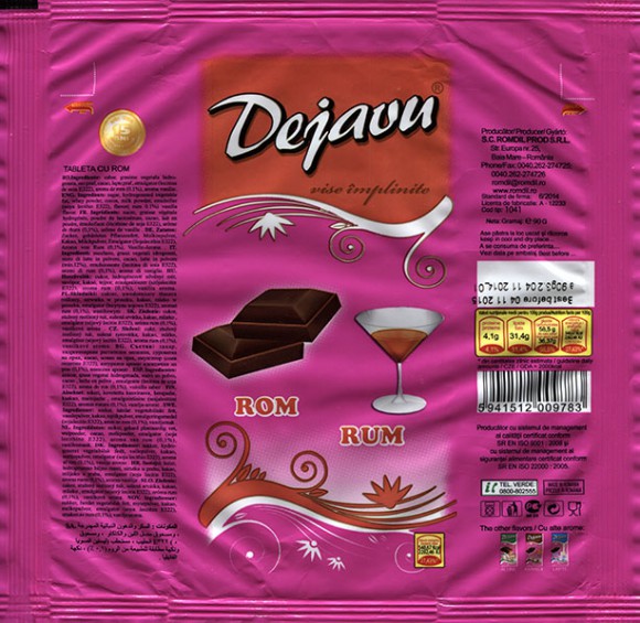 Dejavu, Chocolate tablet with rum flavoured, 90g, 04.11.2014, S.C. ROMDIL Prod S.R.L., Baia-Mare, Romania