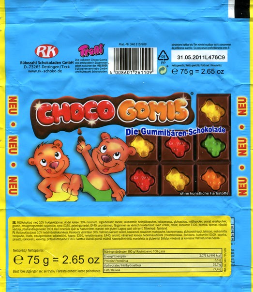 Choco gomis, milk chocolate with candy, 75g, 31.05.2010, Rubezahl Schokoladen GmbH Dettingen/Teck, Germany