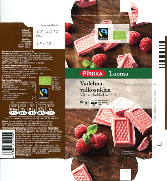 Pirkka luomu, white chocolate with raspberries, 80g, 03.2012, Ruokakesko Oy, Kesko, Finland, made in Switzerland