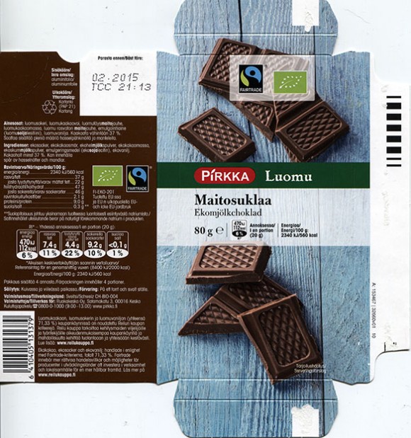 Pirkka luomu, milk chocolate, 80g, 02.2014, Ruokakesko Oy, Kesko, Finland, made in Switzerland