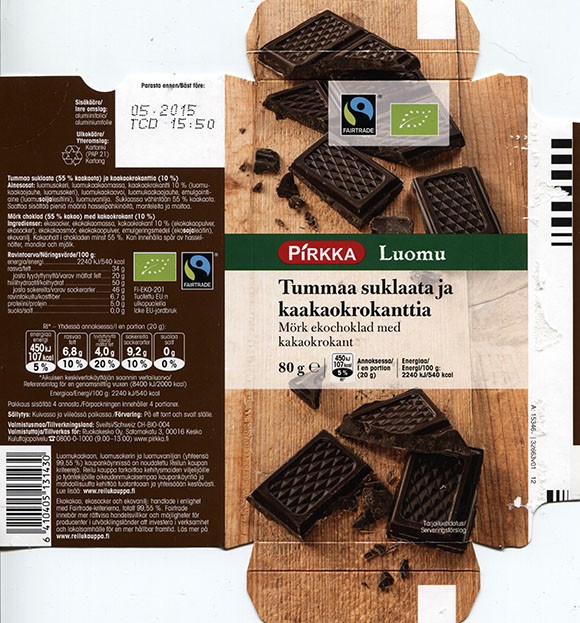 Pirkka luomu, dark chocolate, 80g, 04.2014, Ruokakesko Oy, Kesko, Finland, made in Switzerland