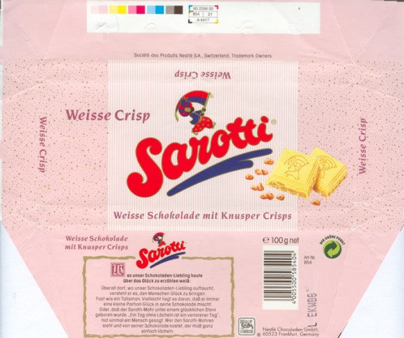 Sarotti, white chocolate with rice crisp, 100g, 1996, Nestle Chocoladen GmbH, Frankfurt, Germany