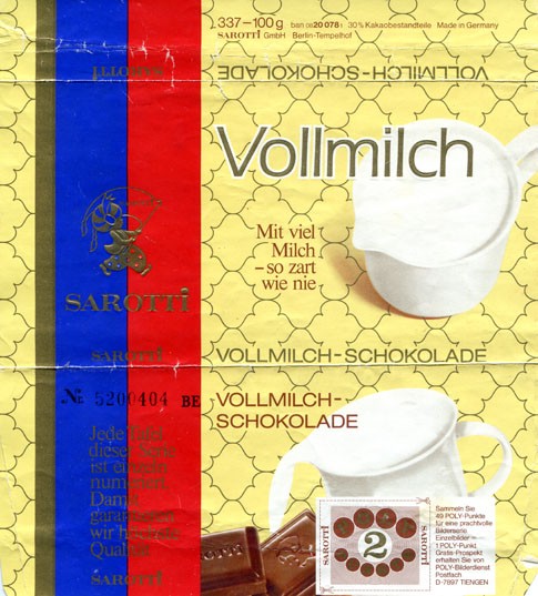 Milk chocolate, 100g, about 1980, Sarotti GmbH, Berlin, Germany