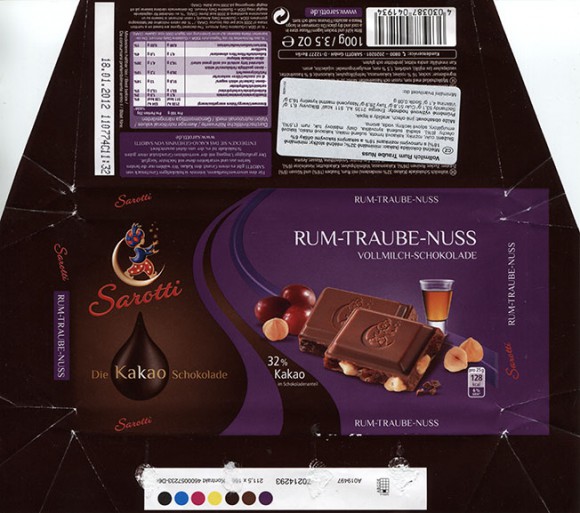Milk chocolate with rum flavoured , raisins and nuts, 100g, 18.01.2011, Sarotti GmbH, Berlin, Germany