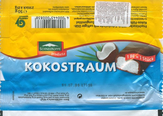 Filled dietetic coconut milk chocolate, 50g, 09.07.2007, Schneekoppe Gmbh& Co. KG, Seevetal, Germany