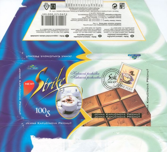 Strike, milk chocolate with capuccino filling, 100g, 10.2003, 
S+F Food Stuff SRL, Bucharest, Romania