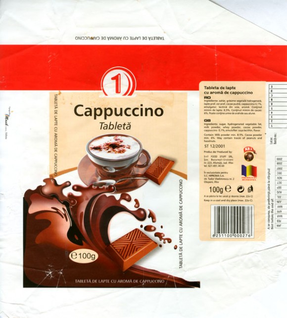1, milk chocolate with cappuccino taste, 100g, 05.2007, S+F Food Stuff SRL, Bucharest, Romania