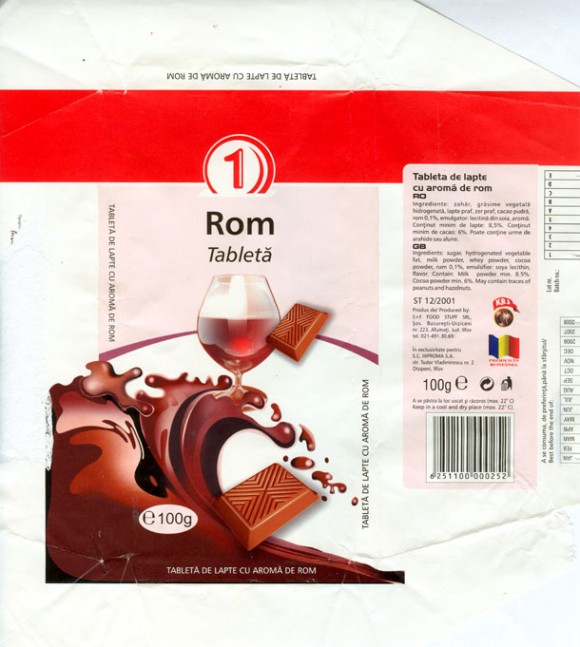 1, milk chocolate with rum taste, 100g, 01.2007, S+F Food Stuff SRL, Bucharest, Romania