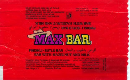 Max bar , bar with hazelnut and milk, 20g, 10.1992
Solen, Istanbul, Turkey