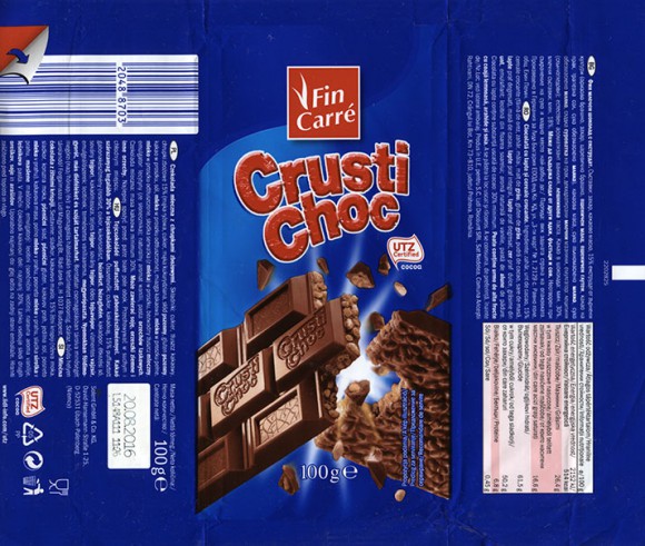 FinCarre, Crusti Choc, milk chocolate with cereal crisps, 100g, 20.08.2015, Solent GmbH & Co. KG., Ubach-Palenberg, Germany