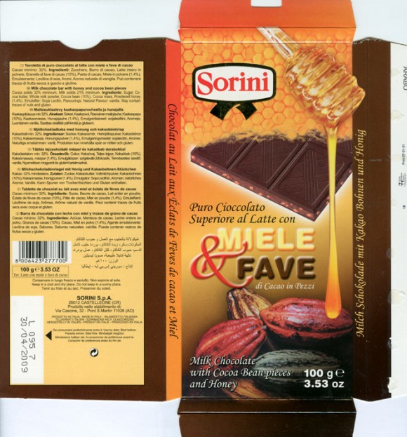Milk chocolate bar with honey and cocoa bean pieces, 100g, 30.04.2007, Sorini S.p.A, Castelleone, Italy