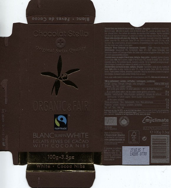 Organic white chocolate with cocoa nibs, 100g, 27.03.2015, Chocolat Stella SA, Giubiasco, Switzerland 