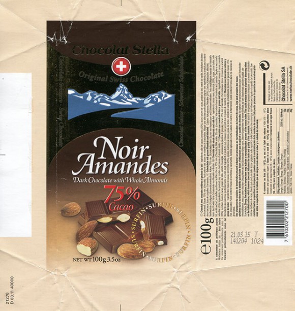 Noir Amandes, dark chocolate with whole almonds, 100g, 21.03.2014, Chocolat Stella SA, Giubiasco, Switzerland 