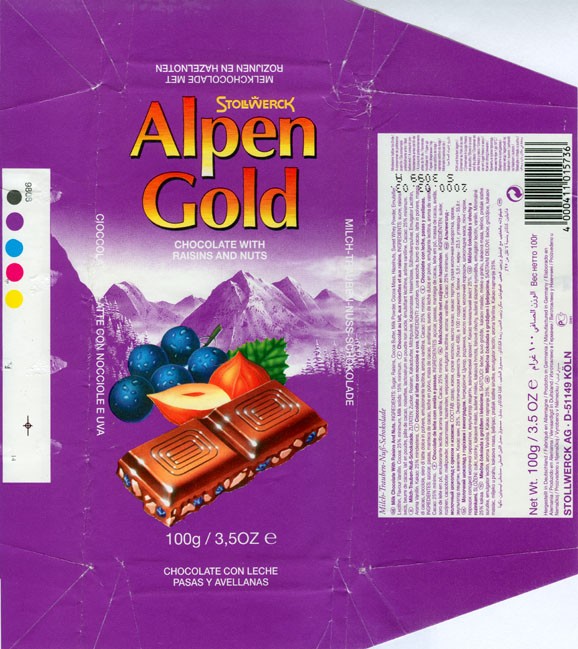 Alpen Gold milk chocolate with raisins and nuts, 100g, 03.03.1999, Stollwerck AG , Koln, Germany