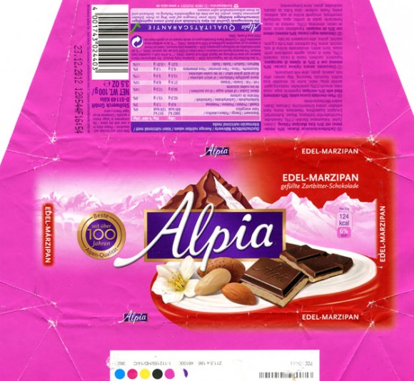 Alpia, plain chocolate filed with marzipan, 100g, 23.12.2011 , Stollwerck GMBH, Koln, Germany