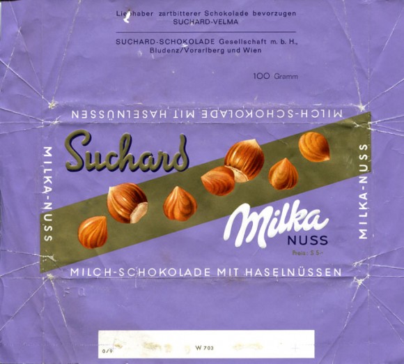 Milka, milk chocolate with nuts, 100g, about 1960, Suchard-Schokolade Ges.M.B.H., Bludenz/Vorarlberg, Austria 
