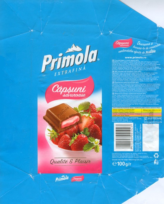 Primola, capsuni savuroase, milk chocolate with strawberry cream, 100g, 2006, Supreme chocolat S.R.L, Bucharest, Romania