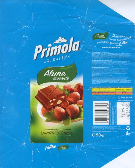 Primola, alune crocante, milk chocolate with hazelnuts, 90g, 11.08.2006, Supreme chocolat S.R.L, Bucharest, Romania