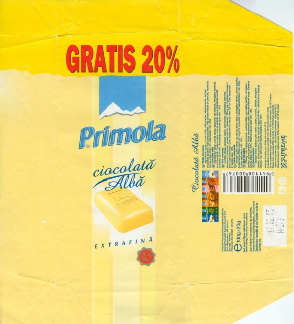 Primola, white chocolate, 120g, 17.02.2004, Supreme chocolat S.R.L, Bucharest, Romania