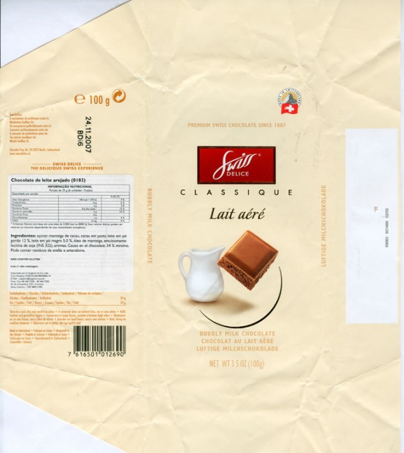 Lait aere, bubbly milk chocolate, 100g, 24.11.2006, Swiss Delice ltd, Chocolat Frey AG, Buchs, Switzerland