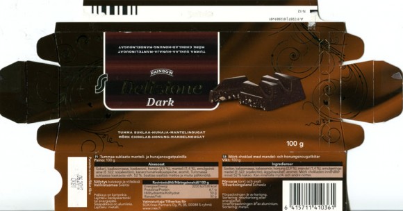 Delizione, Rainbow, dark chocolate with almond and nougat filing, 100g, 06.2011, Swiss Industries, 100g, GmbH, Switzerland