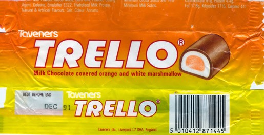 Trello, milk chocolate covered orange and white marshmallow, 12.1990
Taveners plc, Liverpool, England