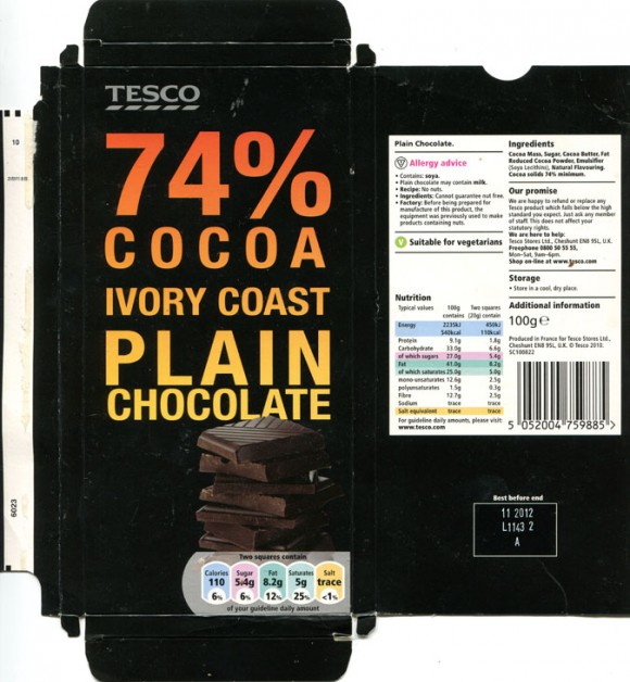 Plain chocolate, 100g, 11.2011, produced in France for Tesco Stores Ltd., Cheshund, United Kingdom