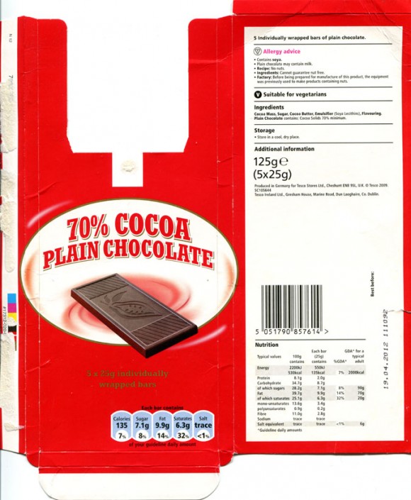70% cocoa plain chocolate, 5x25g individually wrapped bars, 125g, 19.04.2011, Produced in Germany for Tesco Ltd, Chesunt 