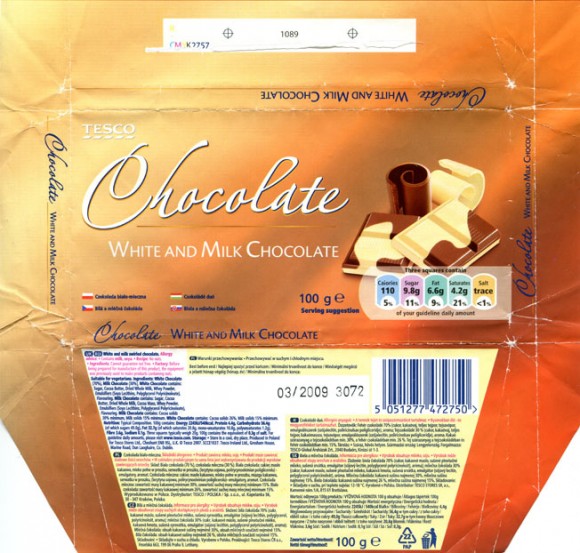 White and milk chocolate, 100g, 03.2008, Tesco Stores Ltd, made in Poland