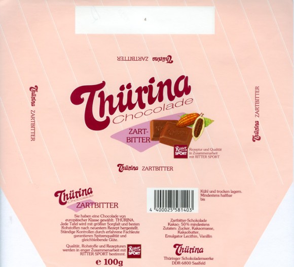 Thurina chocolade, bitter chocolate, 100g, 1990, Thuringer Schokoladenwerke, Saalfeld, Germany
