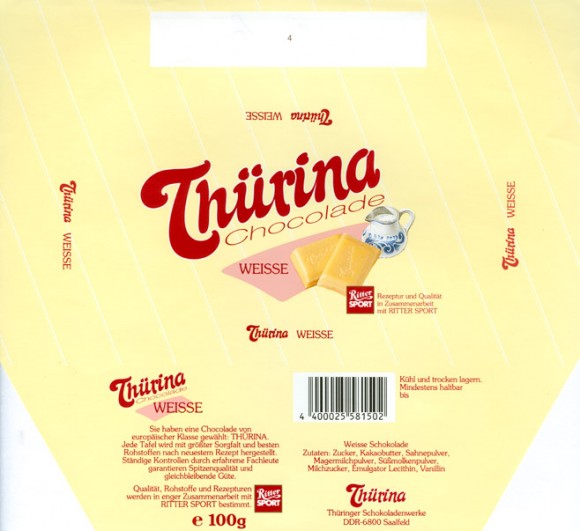 Thurina chocolade, white chocolate, 100g, 1990, Thuringer Schokoladenwerke, Saalfeld, Germany
