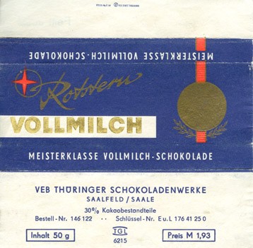 Milk chocolate, 50g, about 1970, Thuringer Schokoladenwerke, Saalfeld, Germany