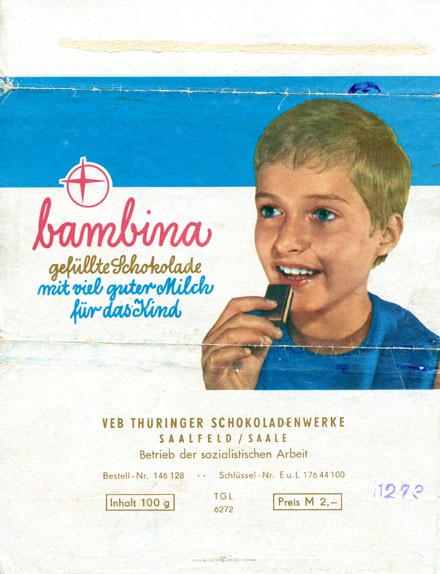 Bambina, filled chocolate, 100g, about 1970, Thuringer Schokoladenwerke, Saalfeld, Germany