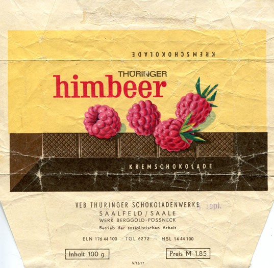 Himbeer, cream chocolate with raspberry , 100g, about 1970, Thuringer Schokoladenwerke, Saalfeld, Germany