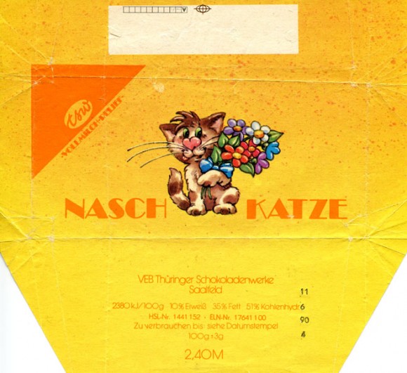 Nasch Katze, milk chocolate, 100g, 11.6.1990, VEB Thuringer Schokoladenwerke, Saalfeld/Saale, Germany