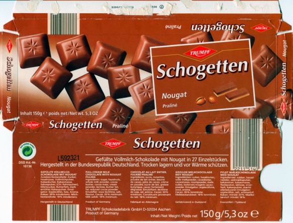 Schogetten, full cream milk chocolate with nougar filling, 150 g , 
Trumpf Schokoladefabrik GmbH D-52034 Aachen
