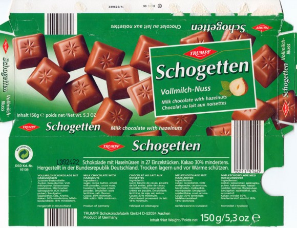Schogetten, milk chocolate with hazelnuts, 150 g , 
Trumpf Schokoladefabrik GmbH D-52034 Aachen