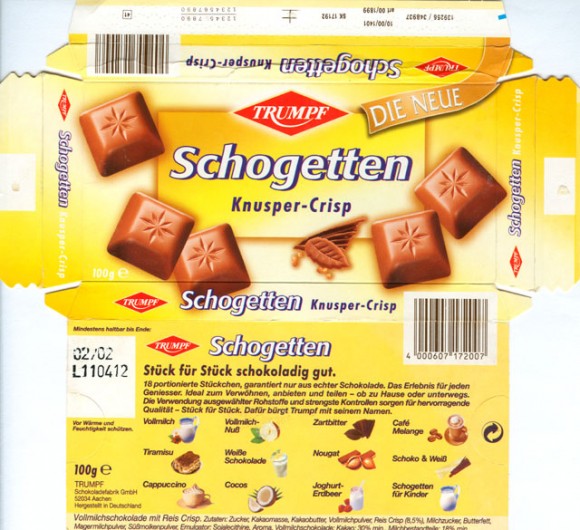 Knusper-crisp, Schogetten, milk chocolate, 100g, 02.2001, Trumpf Schokoladenfabrik GmbH, Aachen, Germany