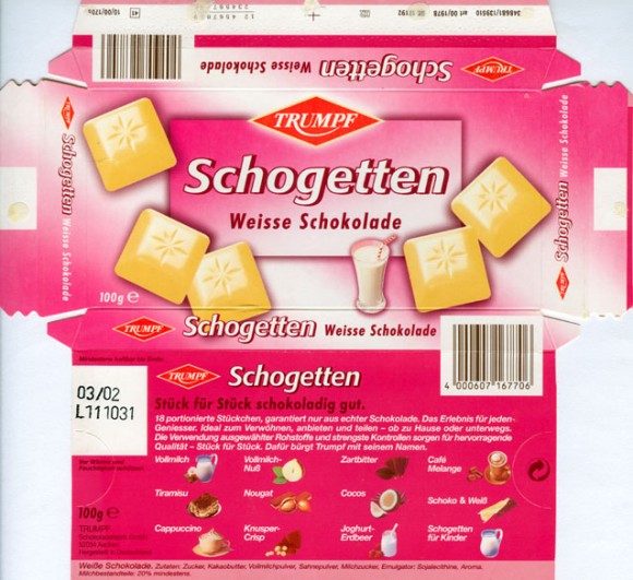 Weisse Schokolade, Schogetten, white chocolate, 100g, 03.2001, Trumpf Schokoladenfabrik GmbH, Aachen, Germany