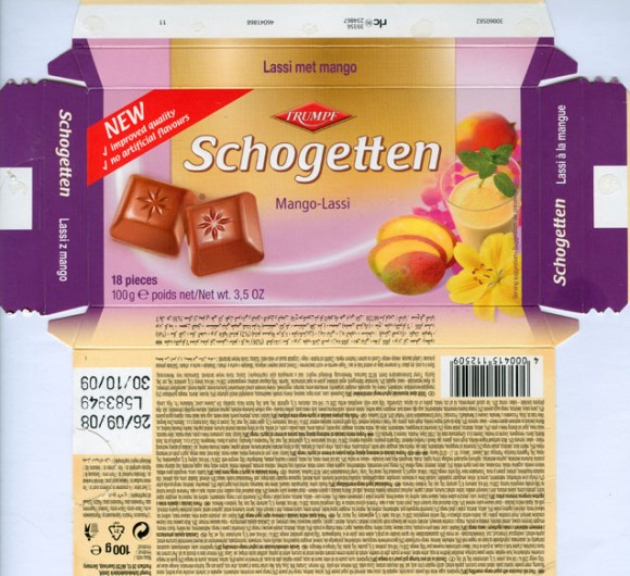 Schogetten, filled milk chocolate with yogurt-mango-cream filling, 100g, 26.09.2008, Trumpf Schokoladenfabrik GmbH, Saarlouis, Germany