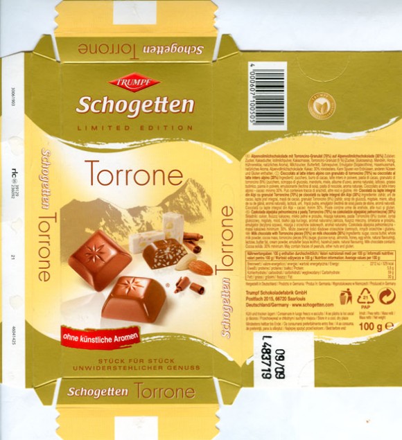 Schogetten, Torrone, milk chocolate with Torroncino pieces on milk chocolate, 100g, 09.2008, Trumpf Schokoladenfabrik GmbH, Aachen, Berlin, Germany