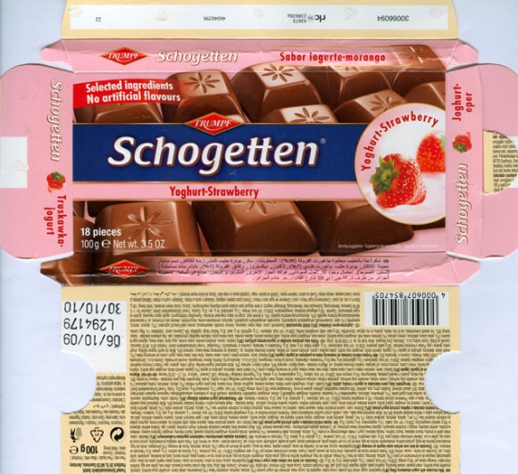 Schogetten, milk chocolate with yogurt-strawberry-filling, 100g, 06.10.2009, Trumpf Schokoladenfabrik GmbH, Saarlouis, Germany
